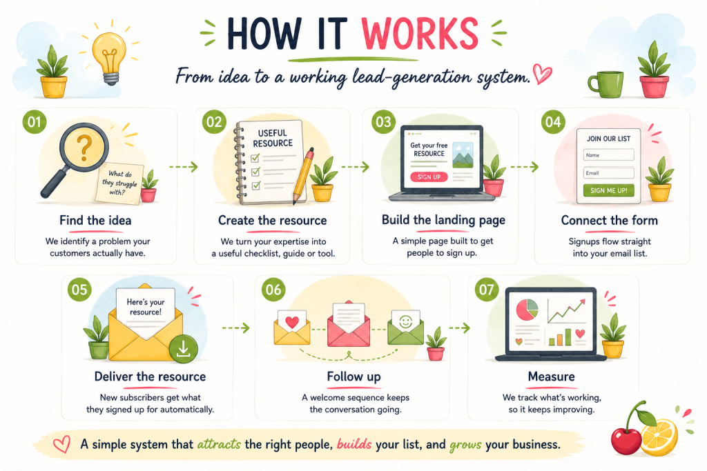 Screens showing a Cherry Lemon lead magnet moving from idea to a live landing page with a signup form