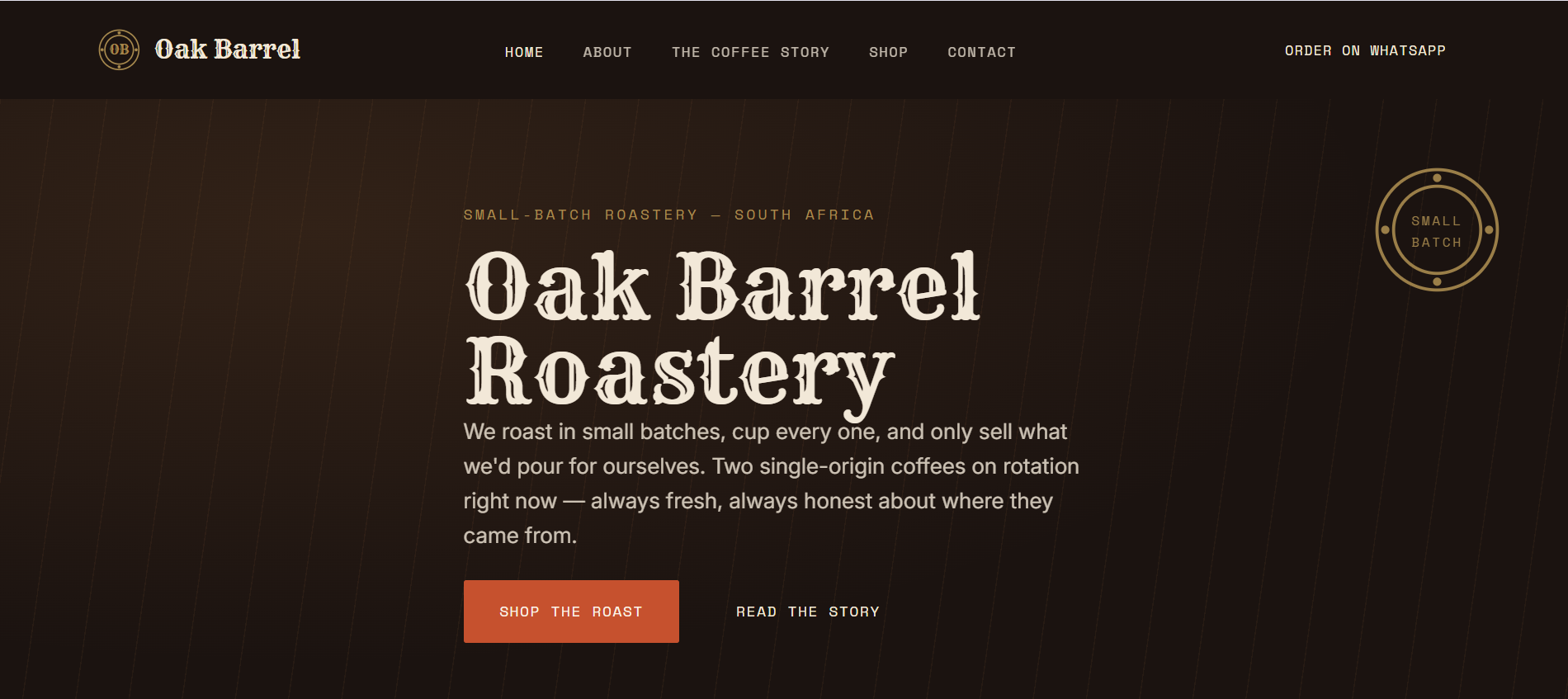 Oak Barrel Roastery website after rebuild
